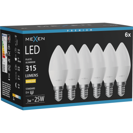 Mexen Nova 6x LED крушка E14, C37, 3W, Топло - 3000K, 315 lm - L102-E14-0330-01x06