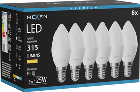 Mexen Nova 6x LED крушка E14, C37, 3W, Топло - 3000K, 315 lm - L102-E14-0330-01x06
