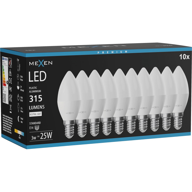 Mexen Nova 10x LED крушка E14, C37, 3W, Неутрална - 4000K, 315 lm - L102-E14-0340-01x10