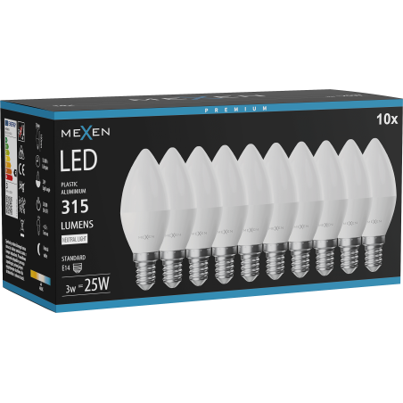 Mexen Nova 10x LED крушка E14, C37, 3W, Неутрална - 4000K, 315 lm - L102-E14-0340-01x10