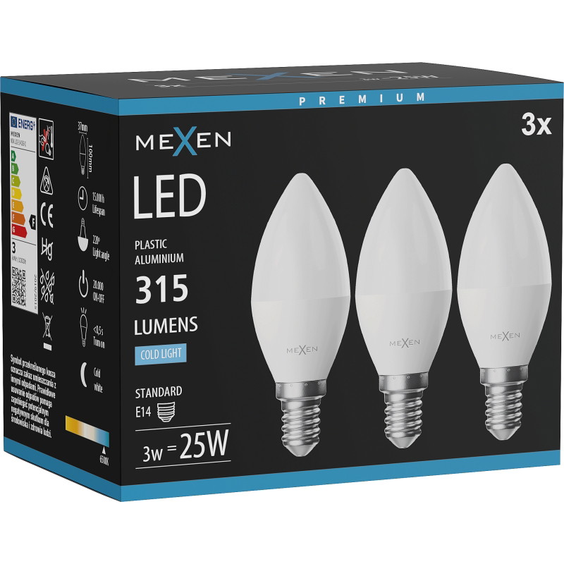 Mexen Nova 3х LED крушка E14, C37, 3W, Студена - 6500K, 315 lm - L102-E14-0365-01x03