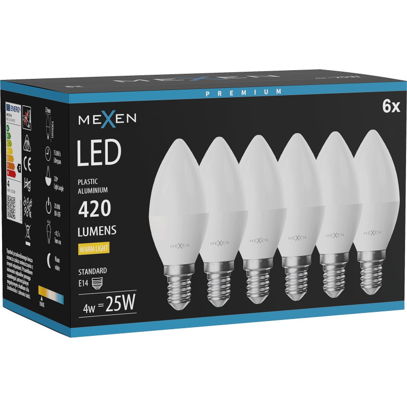 Mexen Nova 6x LED крушка E14, C37, 4W, Топло - 3000K, 420 lm - L102-E14-0430-01x06