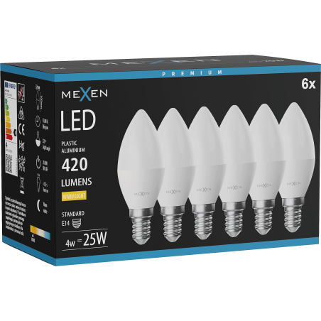 Mexen Nova 6x LED крушка E14, C37, 4W, Топло - 3000K, 420 lm - L102-E14-0430-01x06