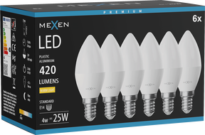 Mexen Nova 6x LED крушка E14, C37, 4W, Топло - 3000K, 420 lm - L102-E14-0430-01x06