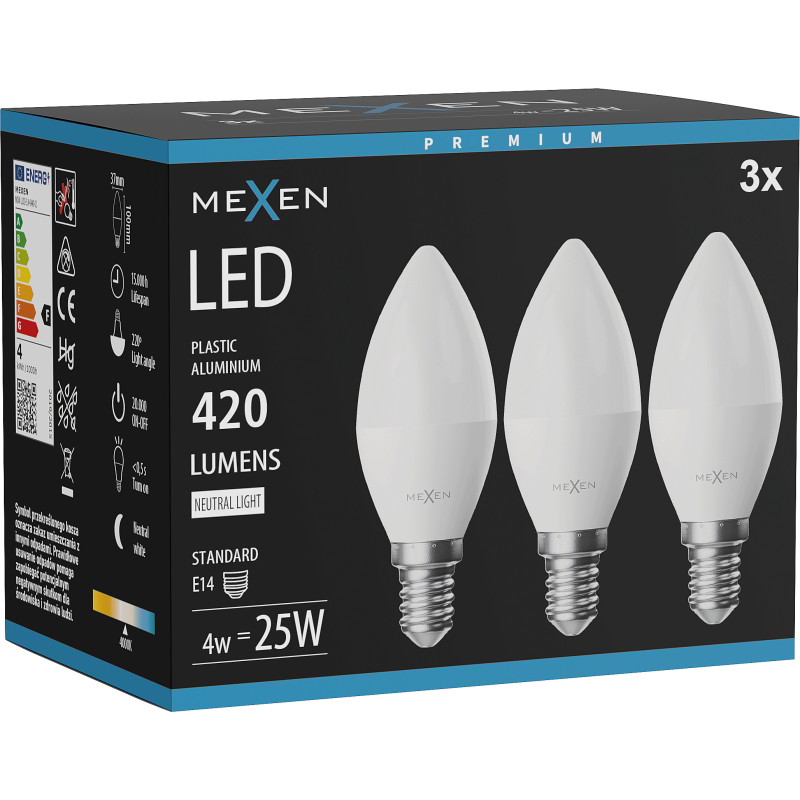 Mexen Nova 3x LED крушка E14, C37, 4W, Неутрална - 4000K, 420 lm - L102-E14-0440-01x03