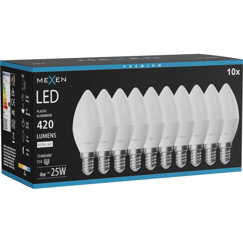 Mexen Nova 10x LED крушка E14, C37, 4W, Неутрална - 4000K, 420 lm - L102-E14-0440-01x10