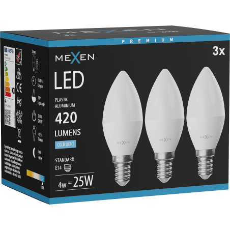 Mexen Nova 3x LED крушка E14, C37, 4W, Студена - 6500K, 420 lm - L102-E14-0465-01x03
