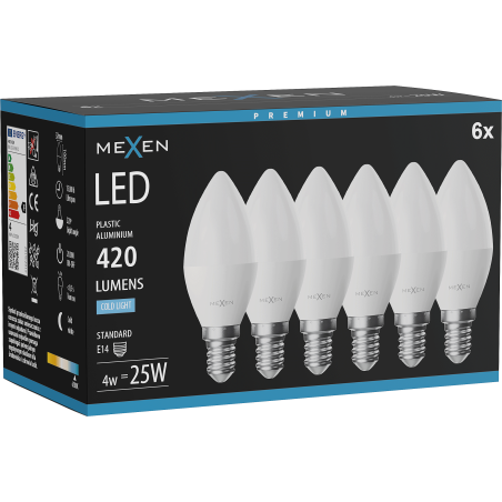Mexen Nova 6x LED крушка E14, C37, 4W, Студена - 6500K, 420 lm - L102-E14-0465-01x06