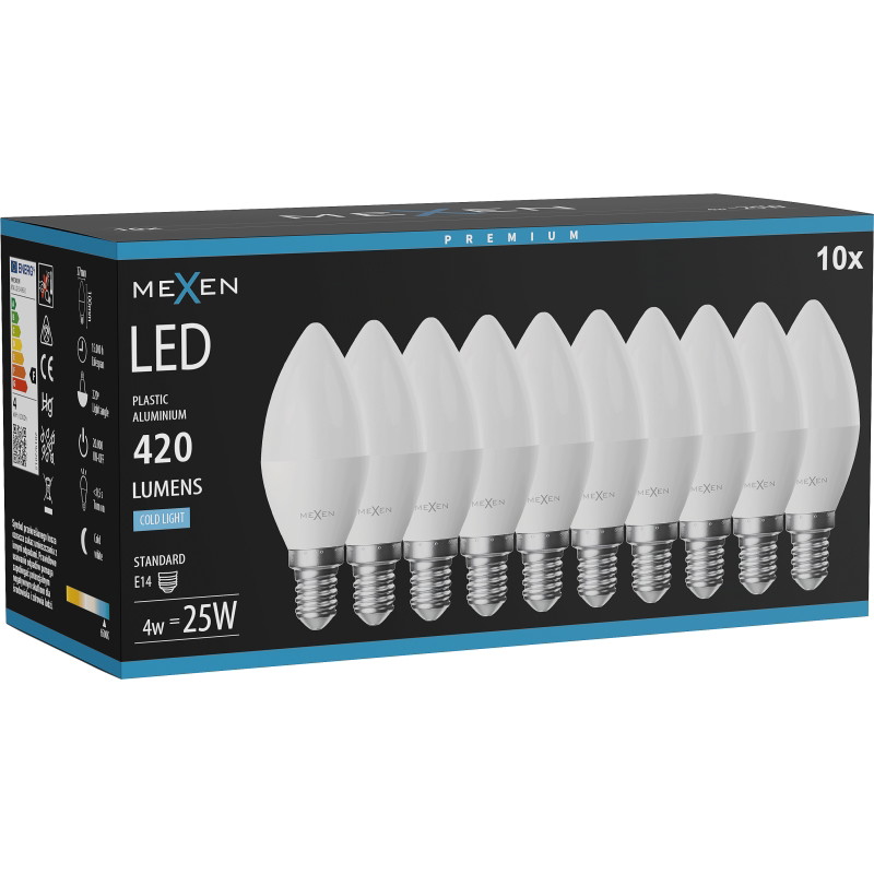 Mexen Nova 10x LED крушка E14, C37, 4W, Студена - 6500K, 420 lm - L102-E14-0465-01x10