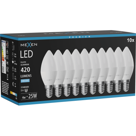Mexen Nova 10x LED крушка E14, C37, 4W, Студена - 6500K, 420 lm - L102-E14-0465-01x10