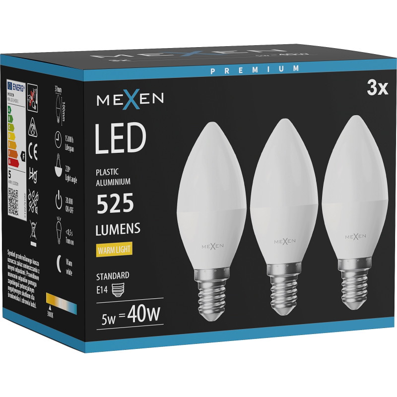 Mexen Nova 3x LED крушка E14, C37, 5W, Топла - 3000K, 525 lm - L102-E14-0530-01x03