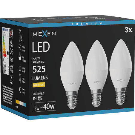 Mexen Nova 3x LED крушка E14, C37, 5W, Топла - 3000K, 525 lm - L102-E14-0530-01x03