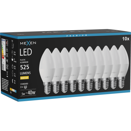Mexen Nova 10x LED крушка E14, C37, 5W, Топла - 3000K, 525 lm - L102-E14-0530-01x10