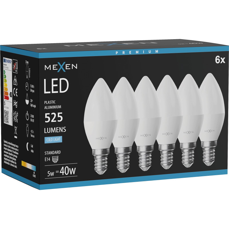 Mexen Nova 6x LED крушка E14, C37, 5W, Студена - 6500K, 525 lm - L102-E14-0565-01x06