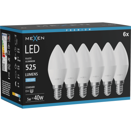 Mexen Nova 6x LED крушка E14, C37, 5W, Студена - 6500K, 525 lm - L102-E14-0565-01x06