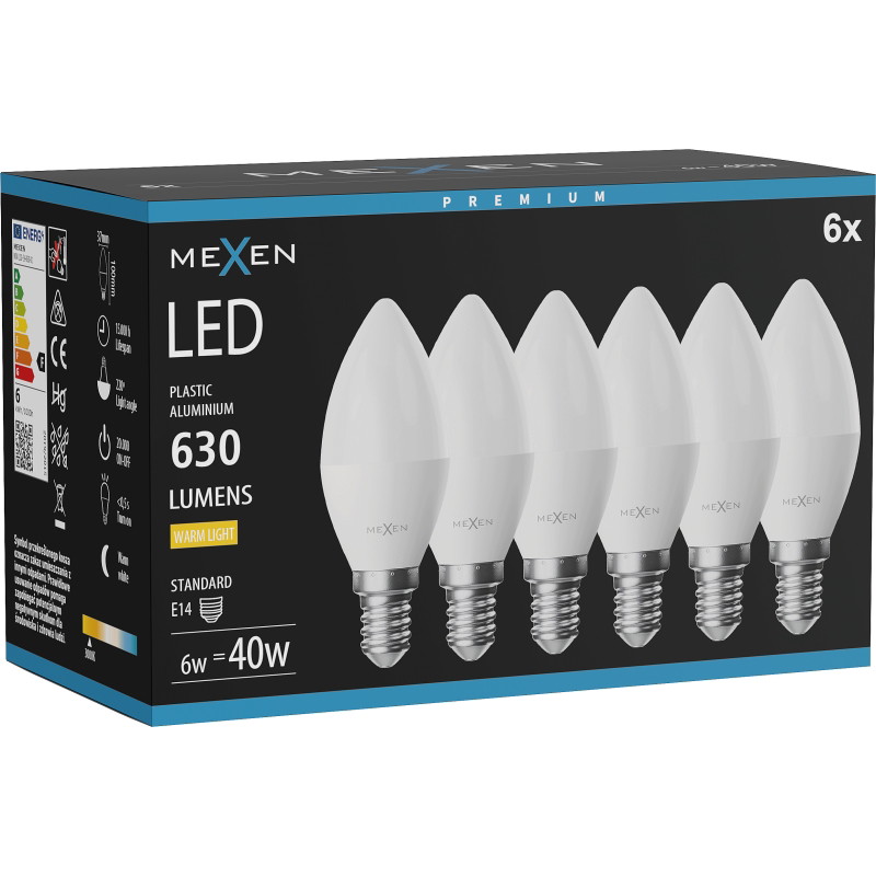 Mexen Nova 6x LED крушка E14, C37, 6W, Топло - 3000K, 630 lm - L102-E14-0630-01x06
