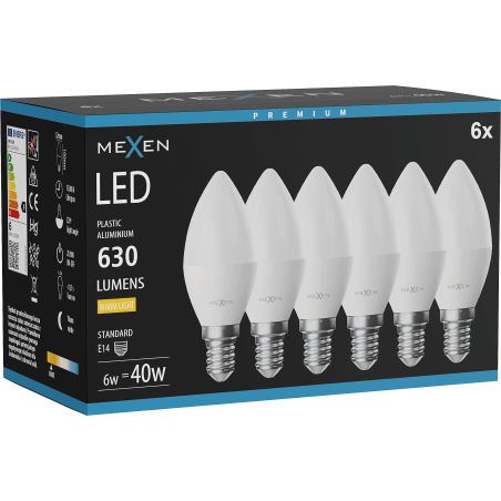 Mexen Nova 6x LED крушка E14, C37, 6W, Топло - 3000K, 630 lm - L102-E14-0630-01x06