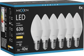 Mexen Nova 6x LED крушка E14, C37, 6W, Топло - 3000K, 630 lm - L102-E14-0630-01x06