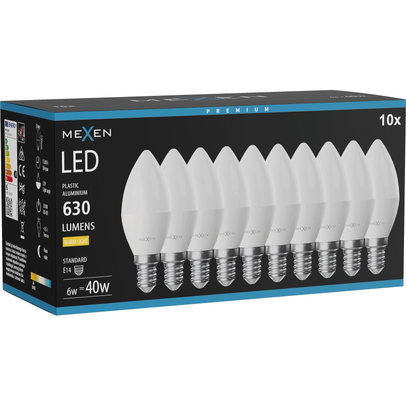 Mexen Nova 10x LED крушка E14, C37, 6W, Топла - 3000K, 630 lm - L102-E14-0630-01x10