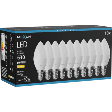 Mexen Nova 10x LED крушка E14, C37, 6W, Топла - 3000K, 630 lm - L102-E14-0630-01x10