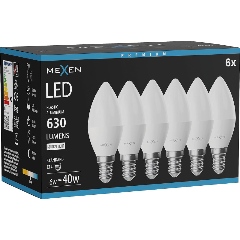 Mexen Nova 6x LED крушка E14, C37, 6W, Неутрална - 4000K, 630 lm - L102-E14-0640-01x06