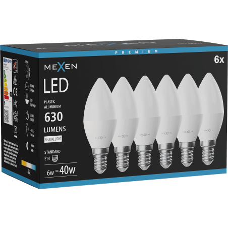 Mexen Nova 6x LED крушка E14, C37, 6W, Неутрална - 4000K, 630 lm - L102-E14-0640-01x06
