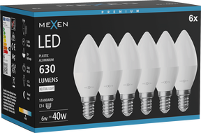 Mexen Nova 6x LED крушка E14, C37, 6W, Неутрална - 4000K, 630 lm - L102-E14-0640-01x06