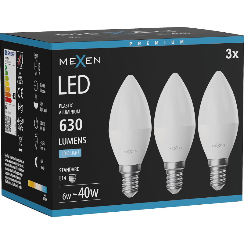 Mexen Nova 3x LED крушка E14, C37, 6W, Студена - 6500K, 630 lm - L102-E14-0665-01x03