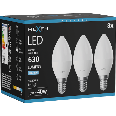 Mexen Nova 3x LED крушка E14, C37, 6W, Студена - 6500K, 630 lm - L102-E14-0665-01x03