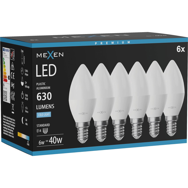 Mexen Nova 6x LED крушка E14, C37, 6W, Студена - 6500K, 630 lm - L102-E14-0665-01x06