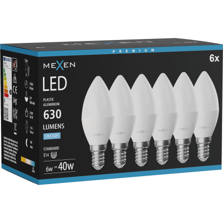 Mexen Nova 6x LED крушка E14, C37, 6W, Студена - 6500K, 630 lm - L102-E14-0665-01x06