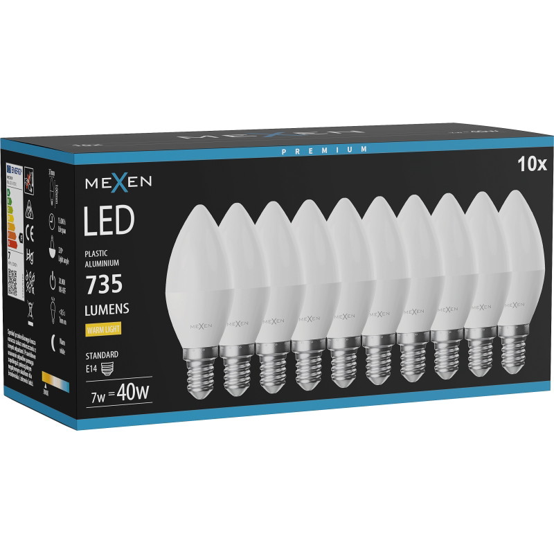 Mexen Nova 10x LED крушка E14, C37, 7W, Топла - 3000K, 735 lm - L102-E14-0730-01x10
