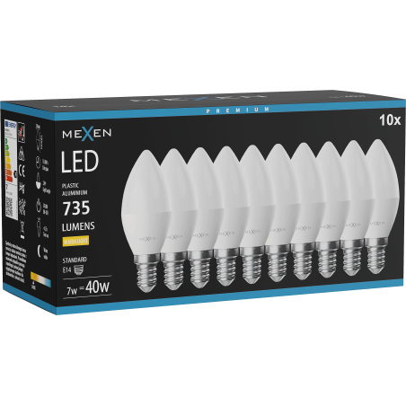 Mexen Nova 10x LED крушка E14, C37, 7W, Топла - 3000K, 735 lm - L102-E14-0730-01x10