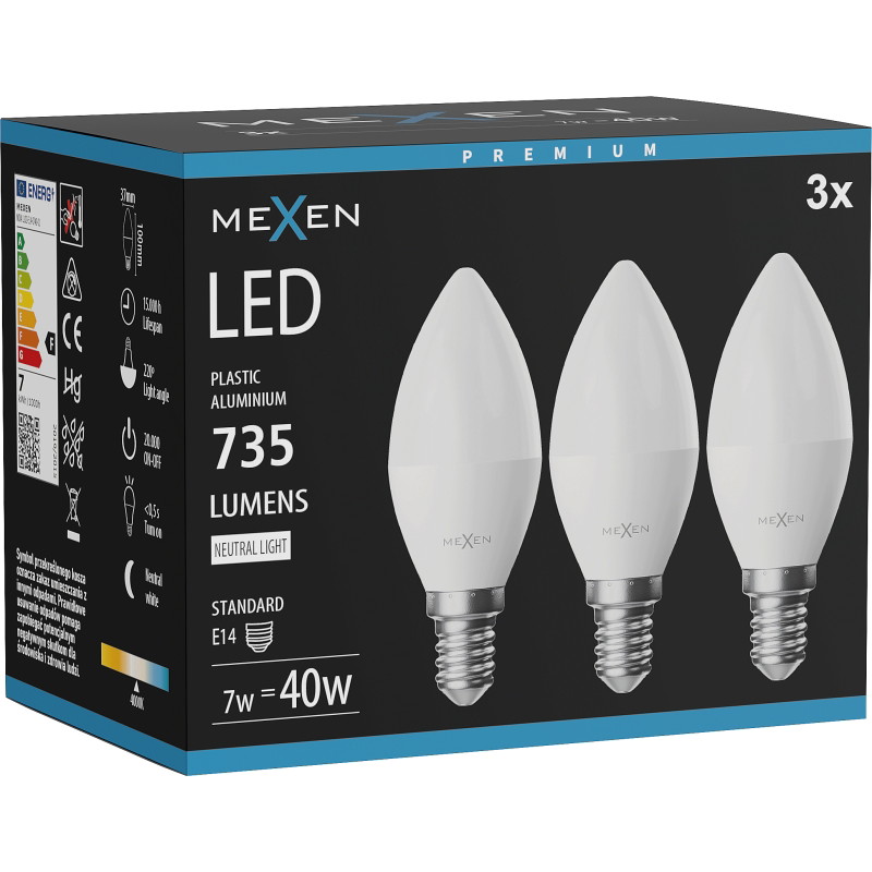 Mexen Nova 3x LED крушка E14, C37, 7W, Неутрална - 4000K, 735 lm - L102-E14-0740-01x03