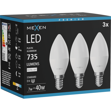 Mexen Nova 3x LED крушка E14, C37, 7W, Неутрална - 4000K, 735 lm - L102-E14-0740-01x03