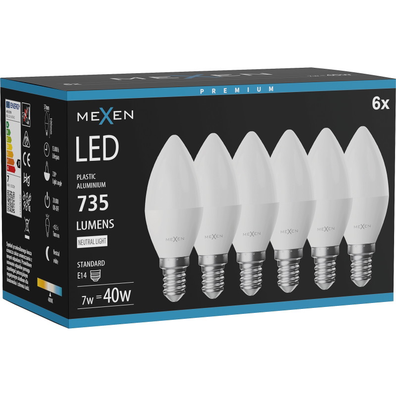 Mexen Nova 6x LED крушка E14, C37, 7W, неутрална - 4000K, 735 lm - L102-E14-0740-01x06