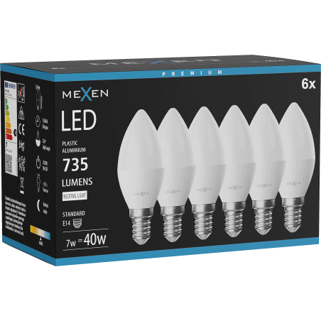 Mexen Nova 6x LED крушка E14, C37, 7W, неутрална - 4000K, 735 lm - L102-E14-0740-01x06