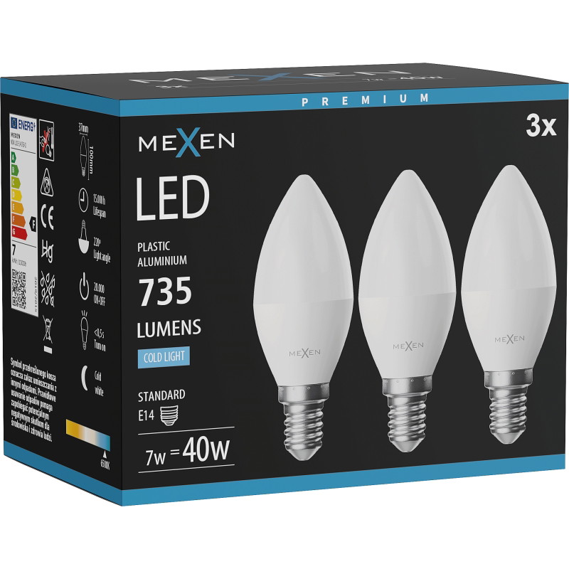 Mexen Nova 3x LED крушка E14, C37, 7W, Студена - 6500K, 735 lm - L102-E14-0765-01x03