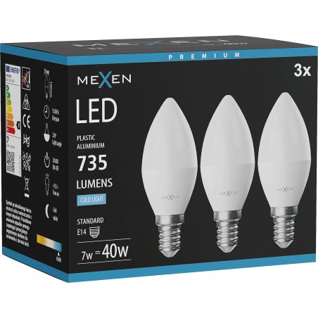 Mexen Nova 3x LED крушка E14, C37, 7W, Студена - 6500K, 735 lm - L102-E14-0765-01x03