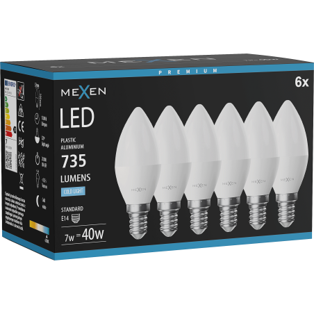 Mexen Nova 6x LED крушка E14, C37, 7W, Студена - 6500K, 735 lm - L102-E14-0765-01x06