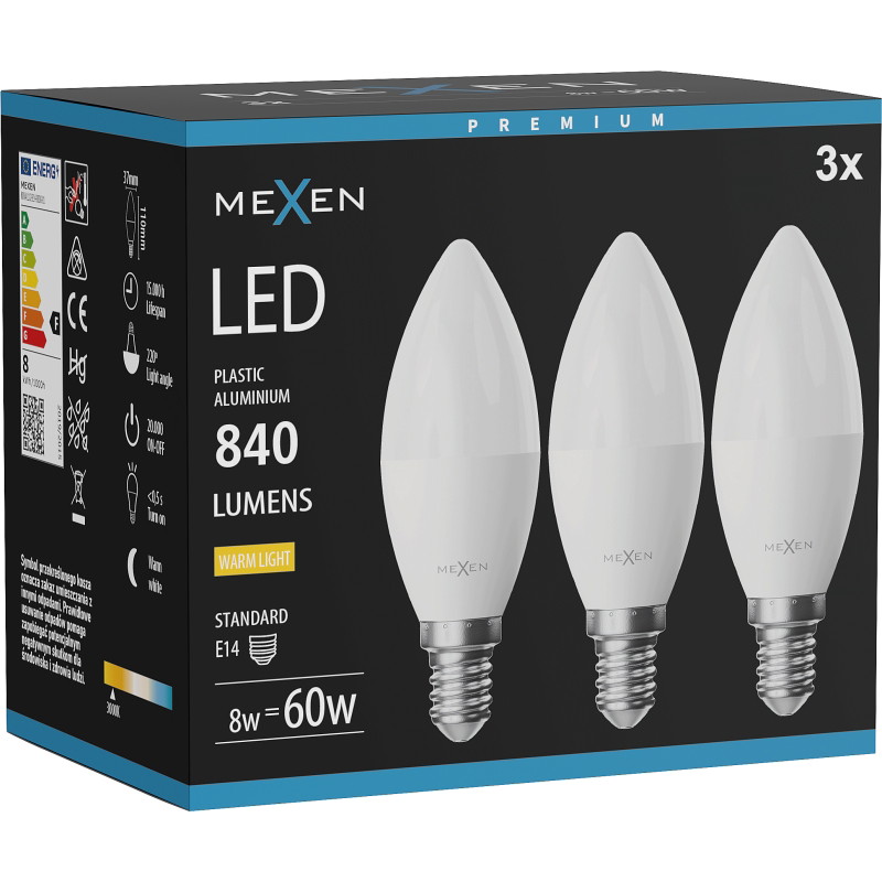 Mexen Nova 3x LED крушка E14, C37, 8W, Топла - 3000K, 840 lm - L102-E14-0830-01x03