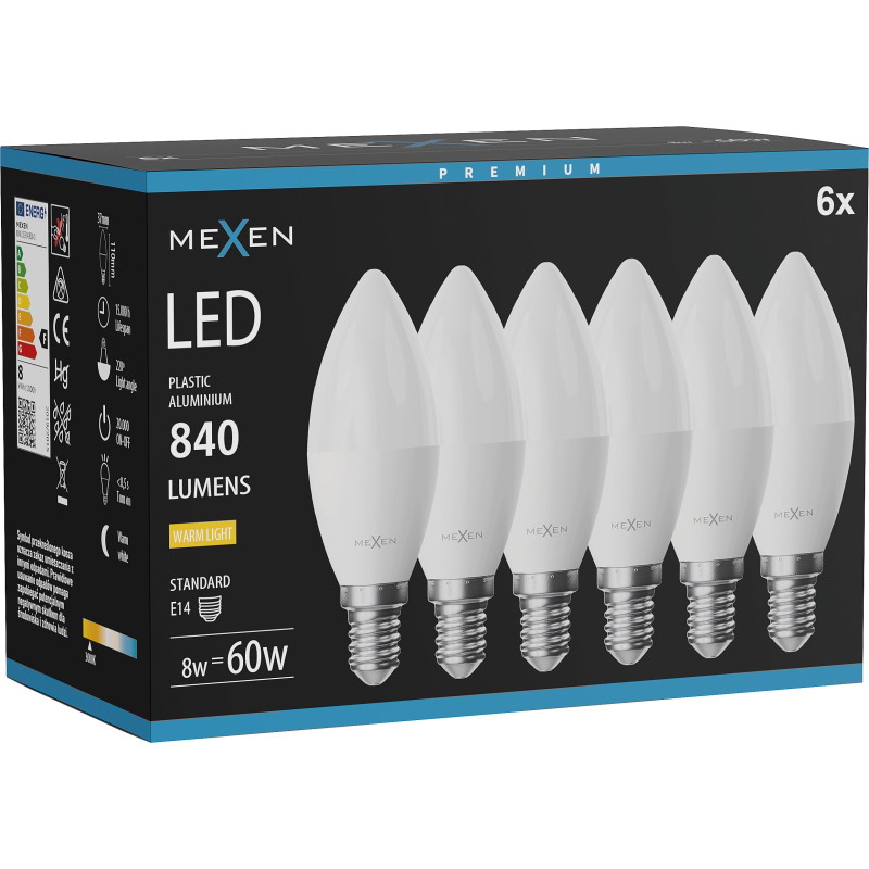 Mexen Nova 6x LED крушка E14, C37, 8W, Топла - 3000K, 840 lm - L102-E14-0830-01x06