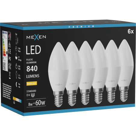 Mexen Nova 6x LED крушка E14, C37, 8W, Топла - 3000K, 840 lm - L102-E14-0830-01x06