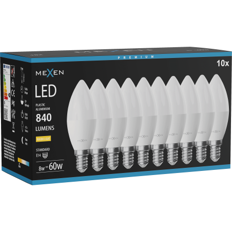 Mexen Nova 10x LED крушка E14, C37, 8W, Топла - 3000K, 840 lm - L102-E14-0830-01x10