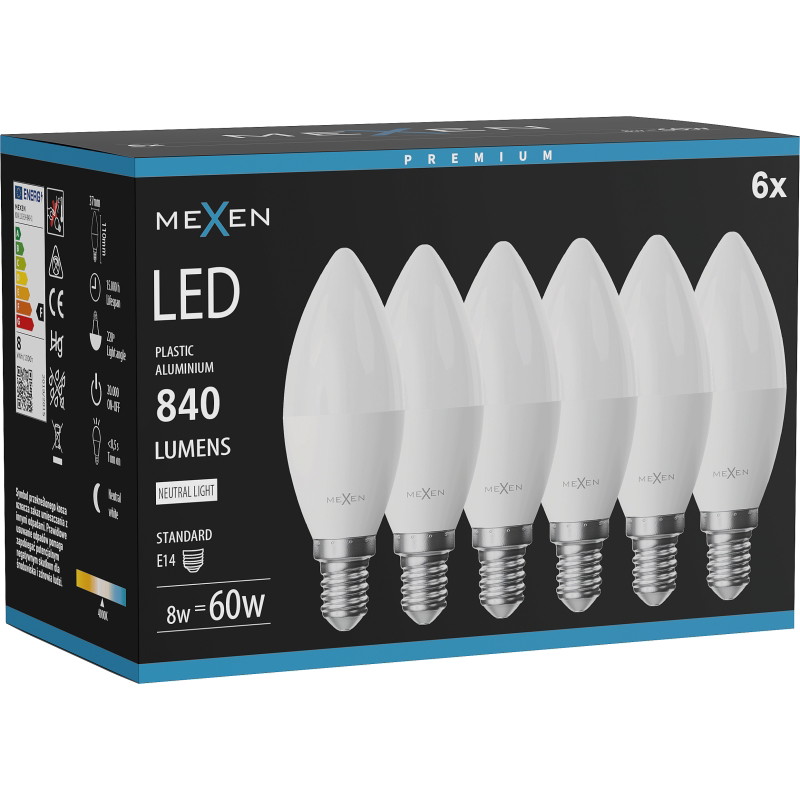 Mexen Nova 6x LED крушка E14, C37, 8W, Неутрална - 4000K, 840 lm - L102-E14-0840-01x06