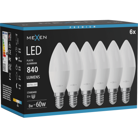 Mexen Nova 6x LED крушка E14, C37, 8W, Неутрална - 4000K, 840 lm - L102-E14-0840-01x06