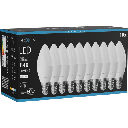 Mexen Nova 10x LED крушка E14, C37, 8W, Неутрална - 4000K, 840 lm - L102-E14-0840-01x10