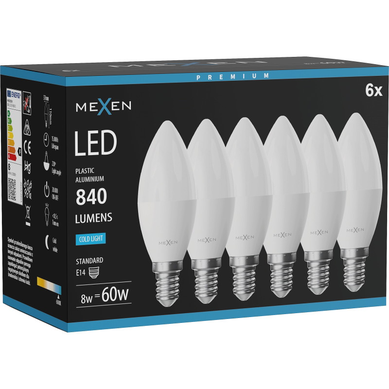 Mexen Nova 6x LED крушка E14, C37, 8W, Студена - 6500K, 840 lm - L102-E14-0865-01x06