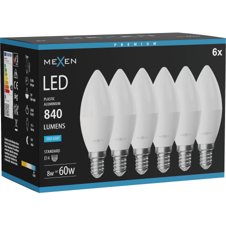 Mexen Nova 6x LED крушка E14, C37, 8W, Студена - 6500K, 840 lm - L102-E14-0865-01x06