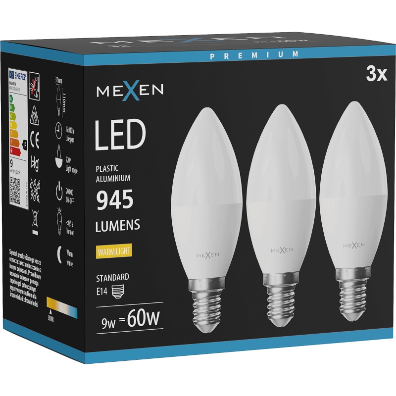 Mexen Nova 3x LED крушка E14, C37, 9W, Топла - 3000K, 945 lm - L102-E14-0930-01x03